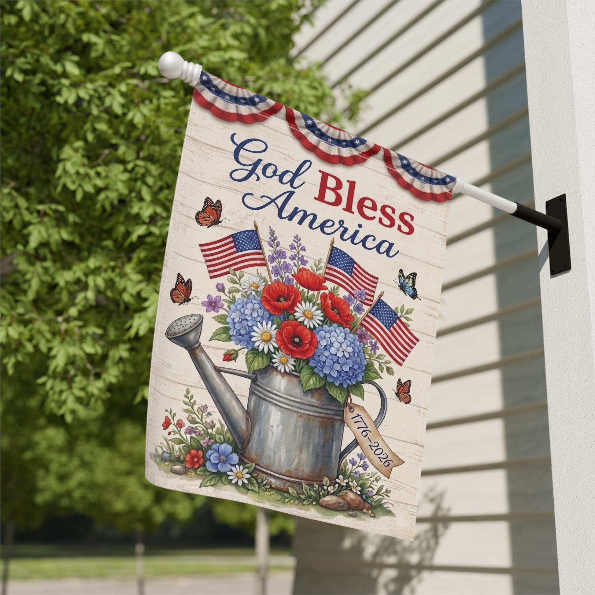 America 250 patriotic garden flag collection with red white and blue porch decor