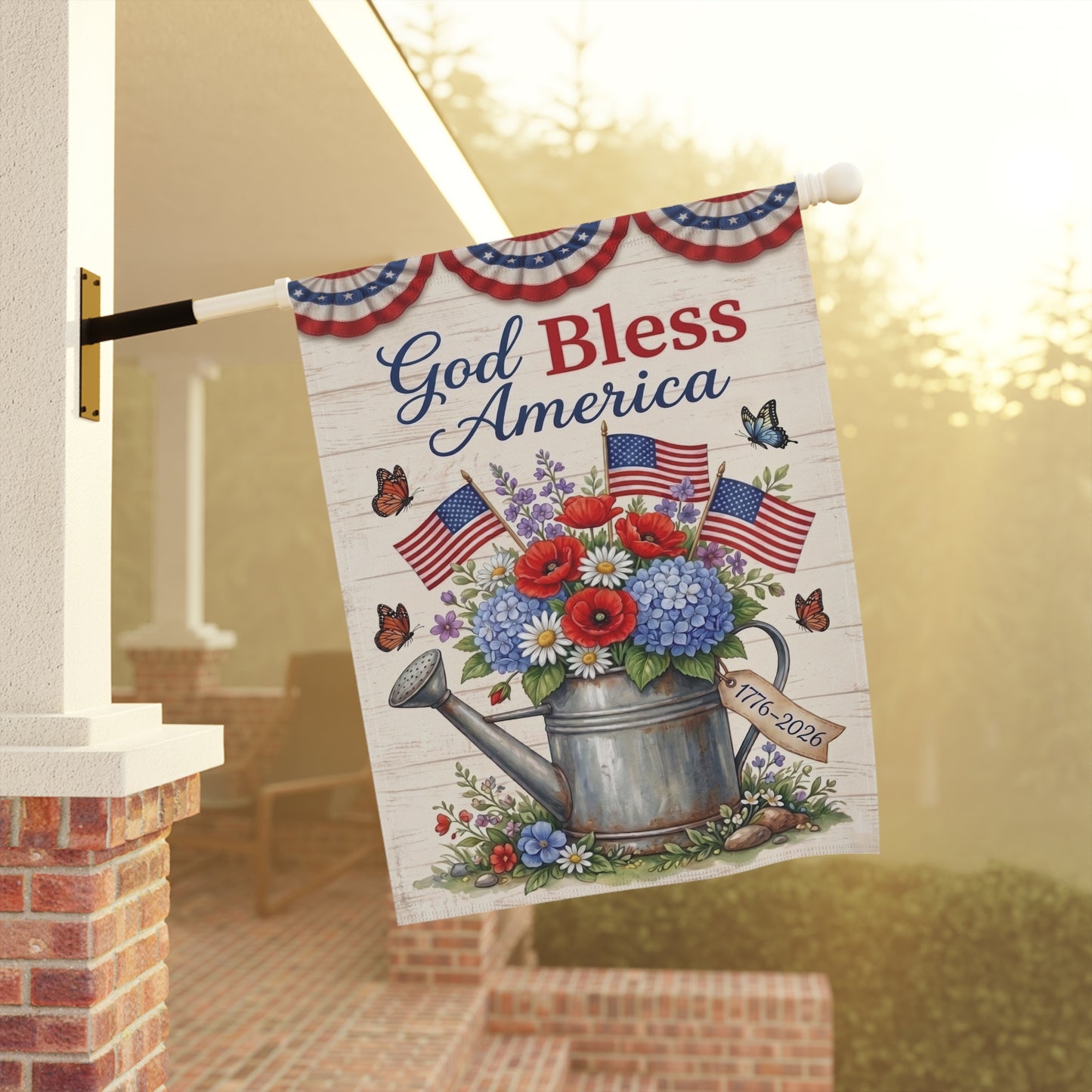 America 250 patriotic garden flag collection with red white and blue porch decor