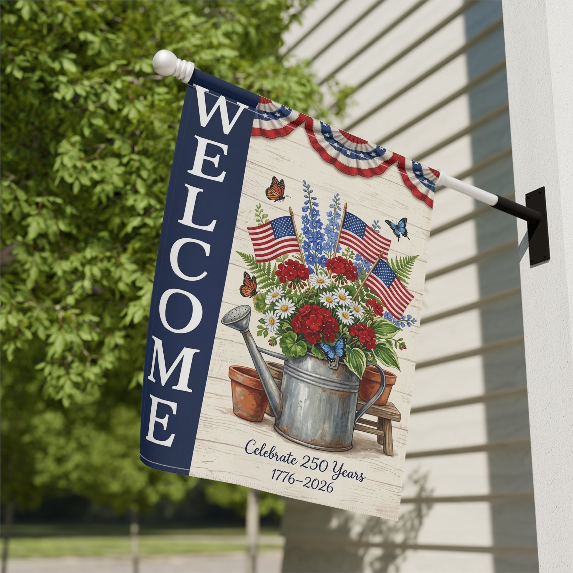 America 250 patriotic garden flag collection with red white and blue porch decor