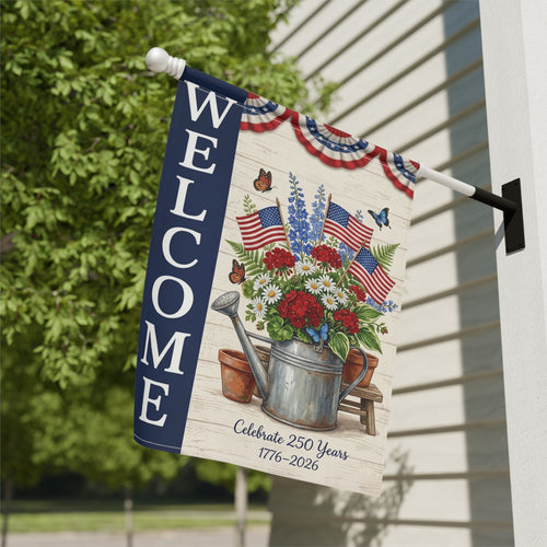 America 250 patriotic garden flag collection with red white and blue porch decor