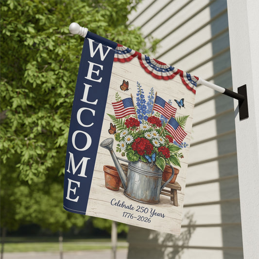 America 250 patriotic garden flag collection with red white and blue porch decor