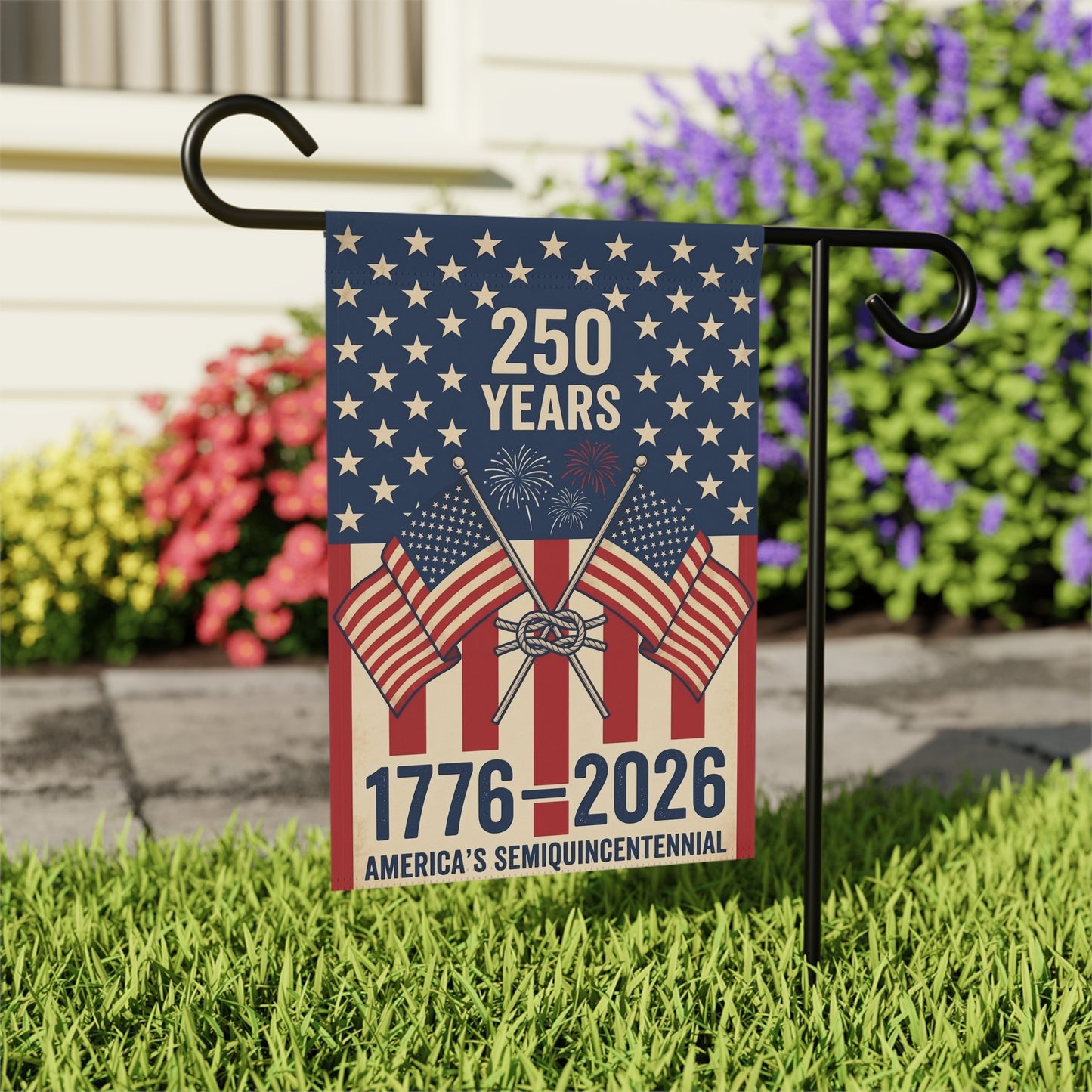 America 250 patriotic garden flag collection with red white and blue porch decor