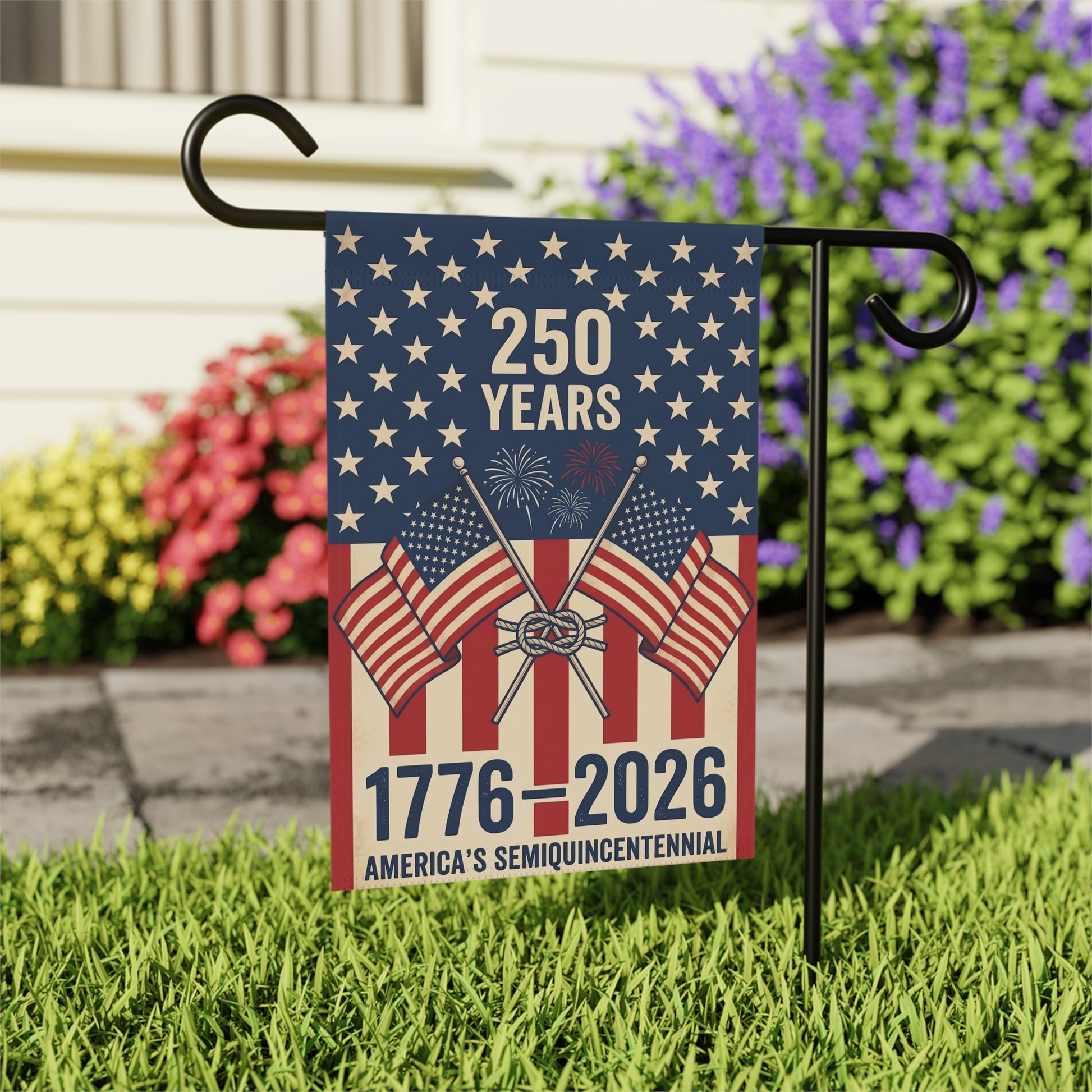 America 250 patriotic garden flag collection with red white and blue porch decor