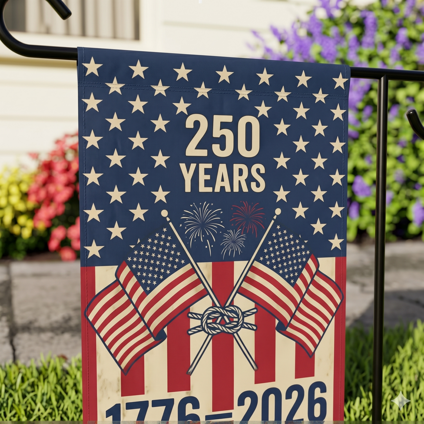 America 250 patriotic garden flag collection with red white and blue porch decor