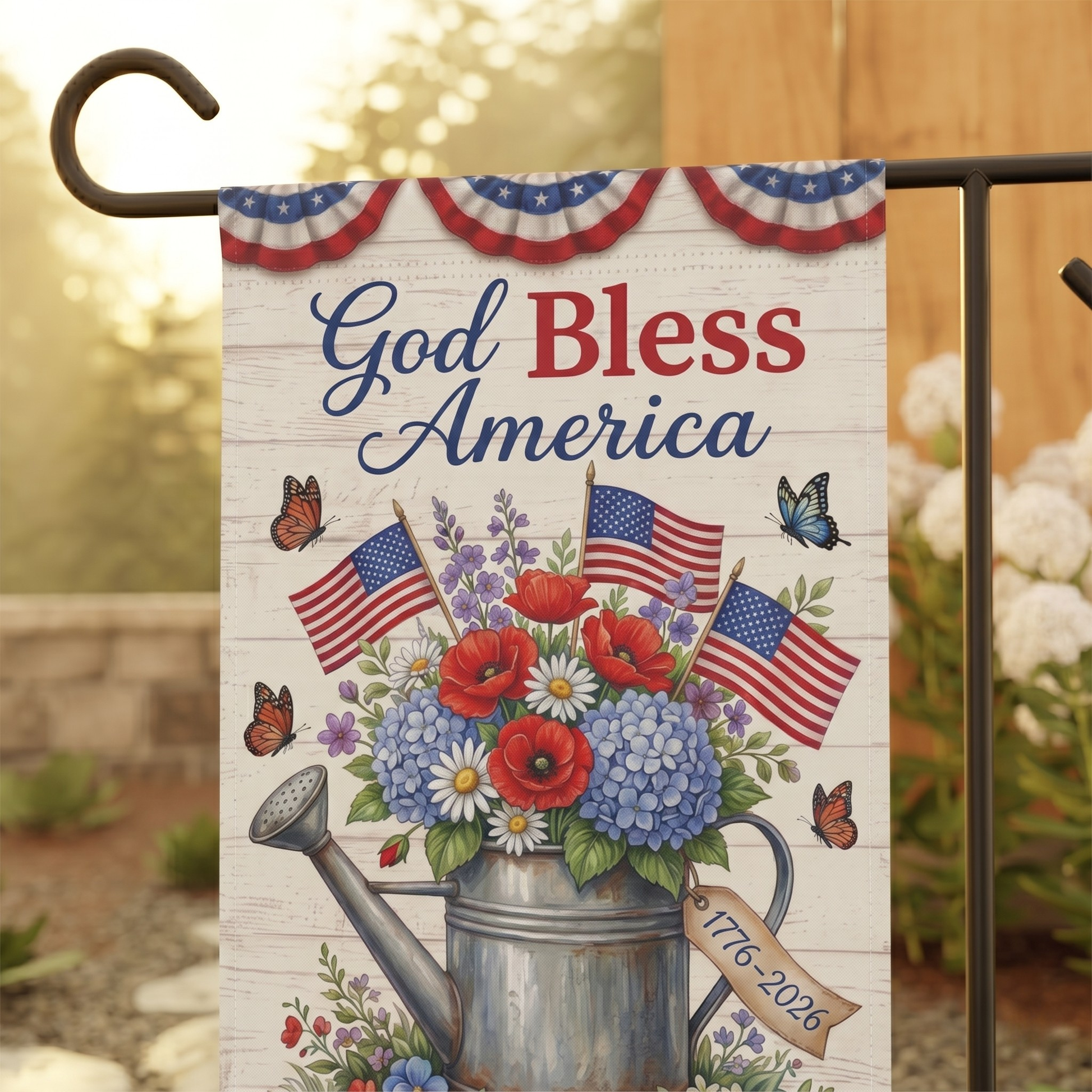 America 250 patriotic garden flag collection with red white and blue porch decor