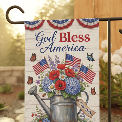 America 250 patriotic garden flag collection with red white and blue porch decor