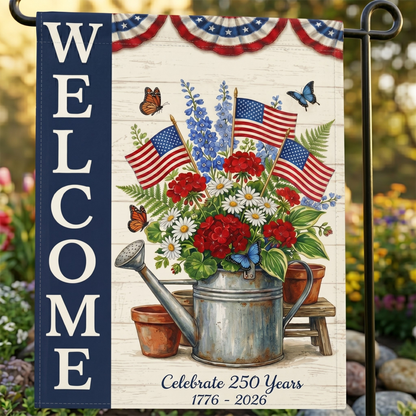America 250 patriotic garden flag collection with red white and blue porch decor