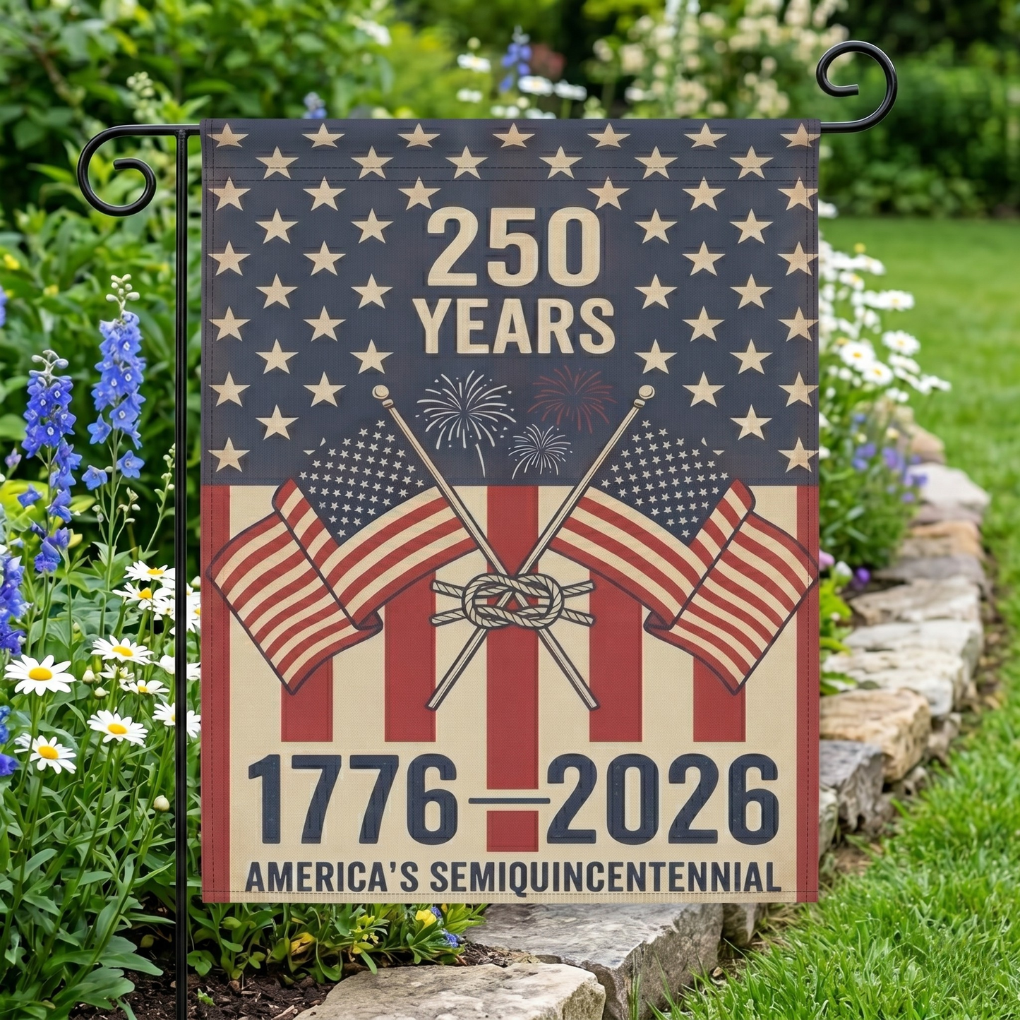 America 250 patriotic garden flag collection with red white and blue porch decor
