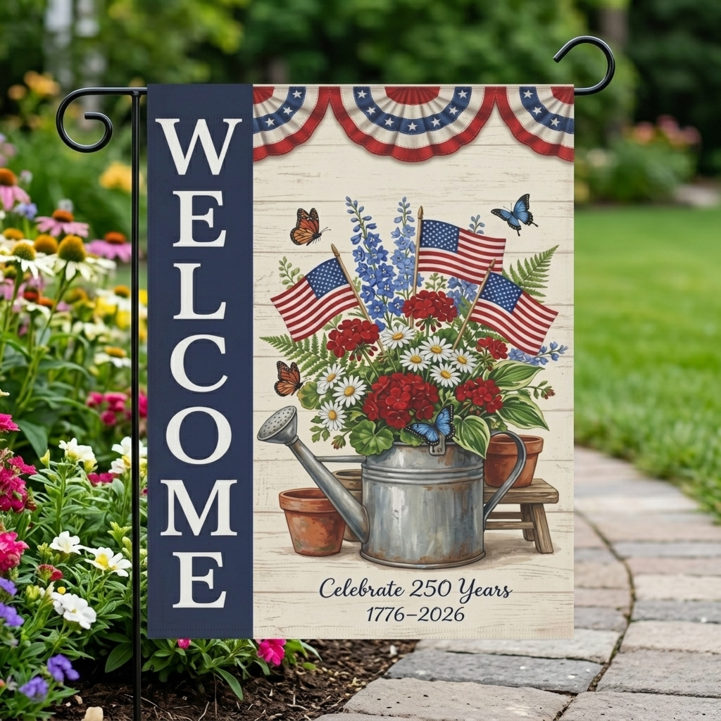 America 250 patriotic garden flag collection with red white and blue porch decor