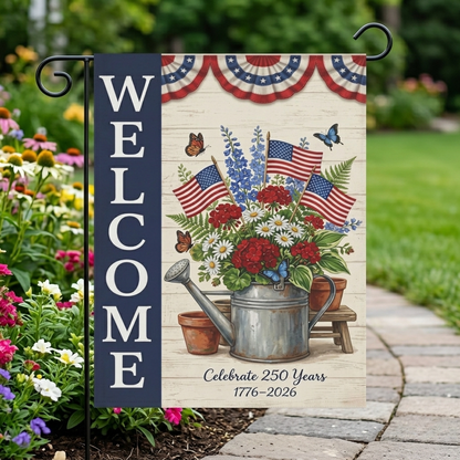 America 250 patriotic garden flag collection with red white and blue porch decor