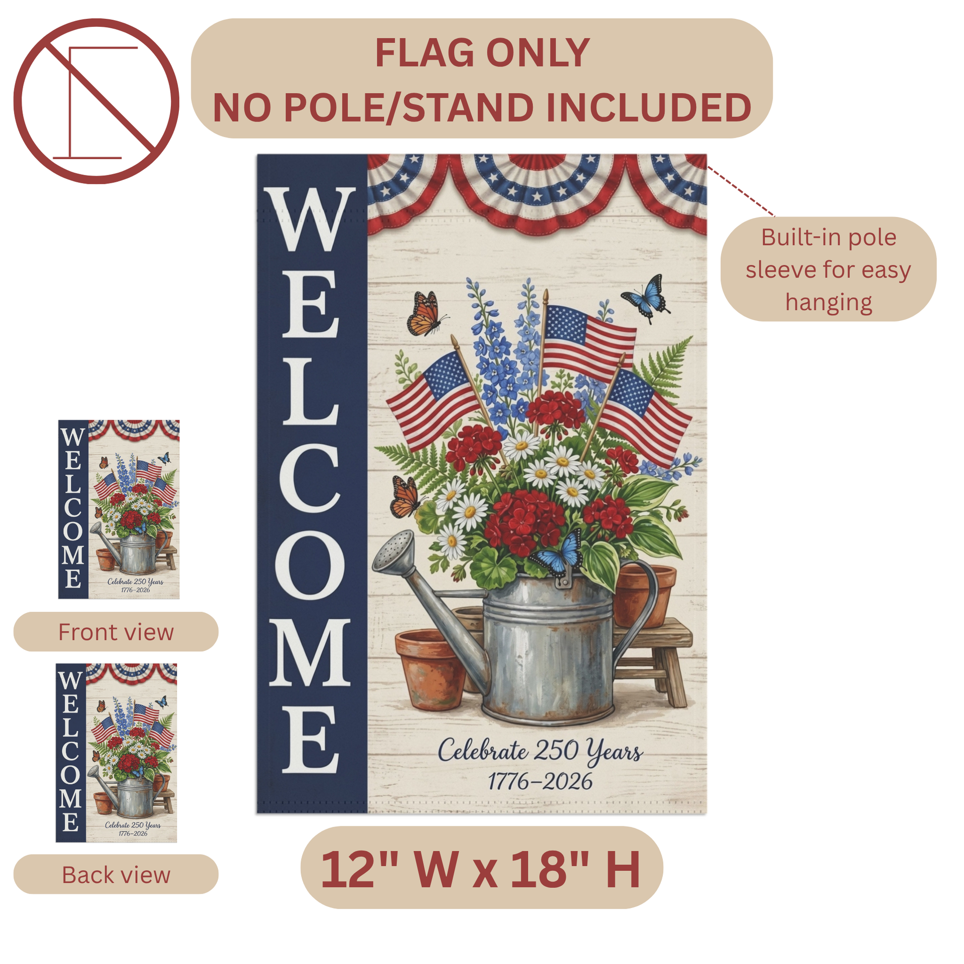 America 250 patriotic garden flag collection with red white and blue porch decor