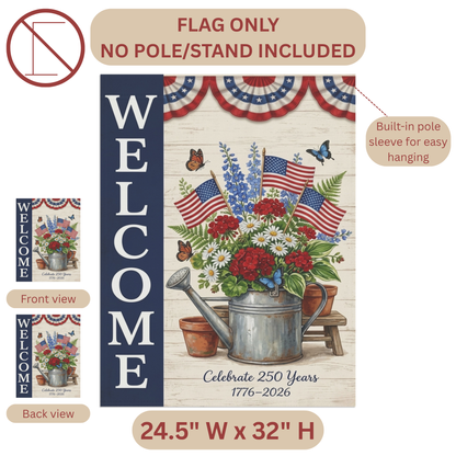 America 250 patriotic garden flag collection with red white and blue porch decor