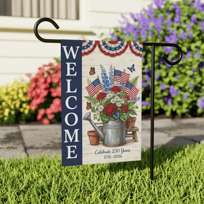America 250 patriotic garden flag collection with red white and blue porch decor