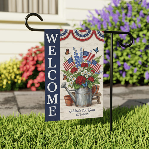 America 250 patriotic garden flag collection with red white and blue porch decor