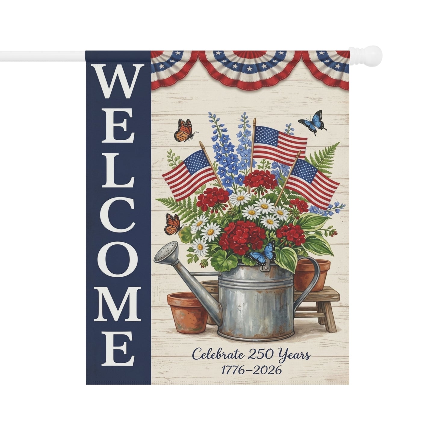 America 250 patriotic garden flag collection with red white and blue porch decor
