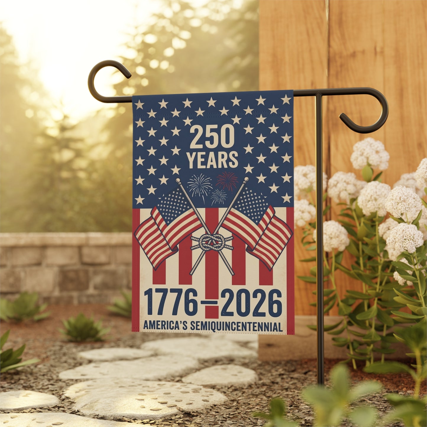 America 250 patriotic garden flag collection with red white and blue porch decor