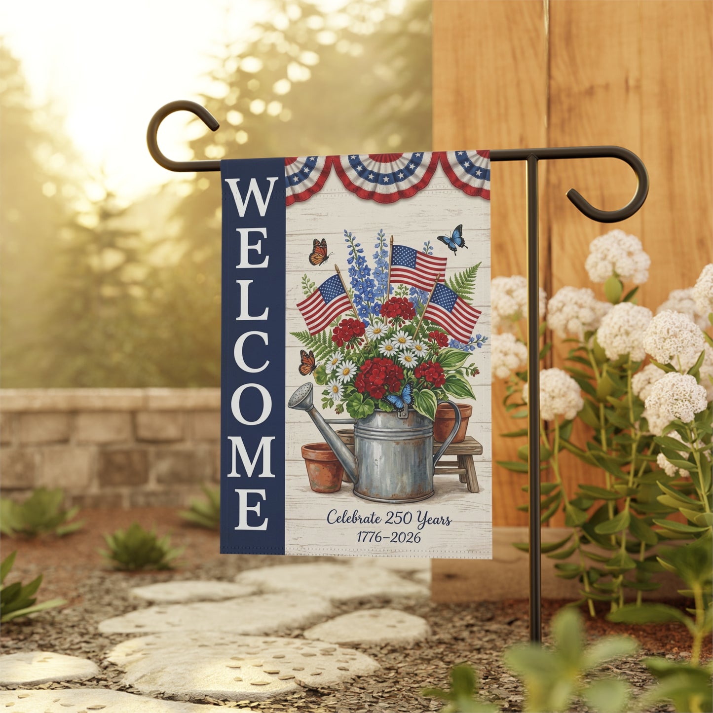America 250 patriotic garden flag collection with red white and blue porch decor