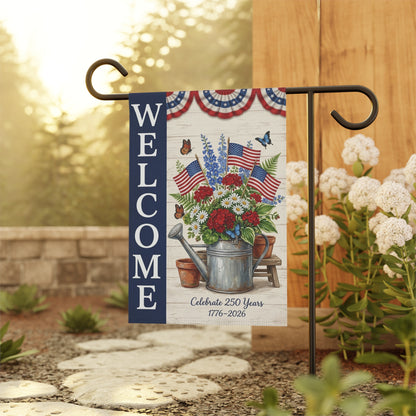 America 250 patriotic garden flag collection with red white and blue porch decor