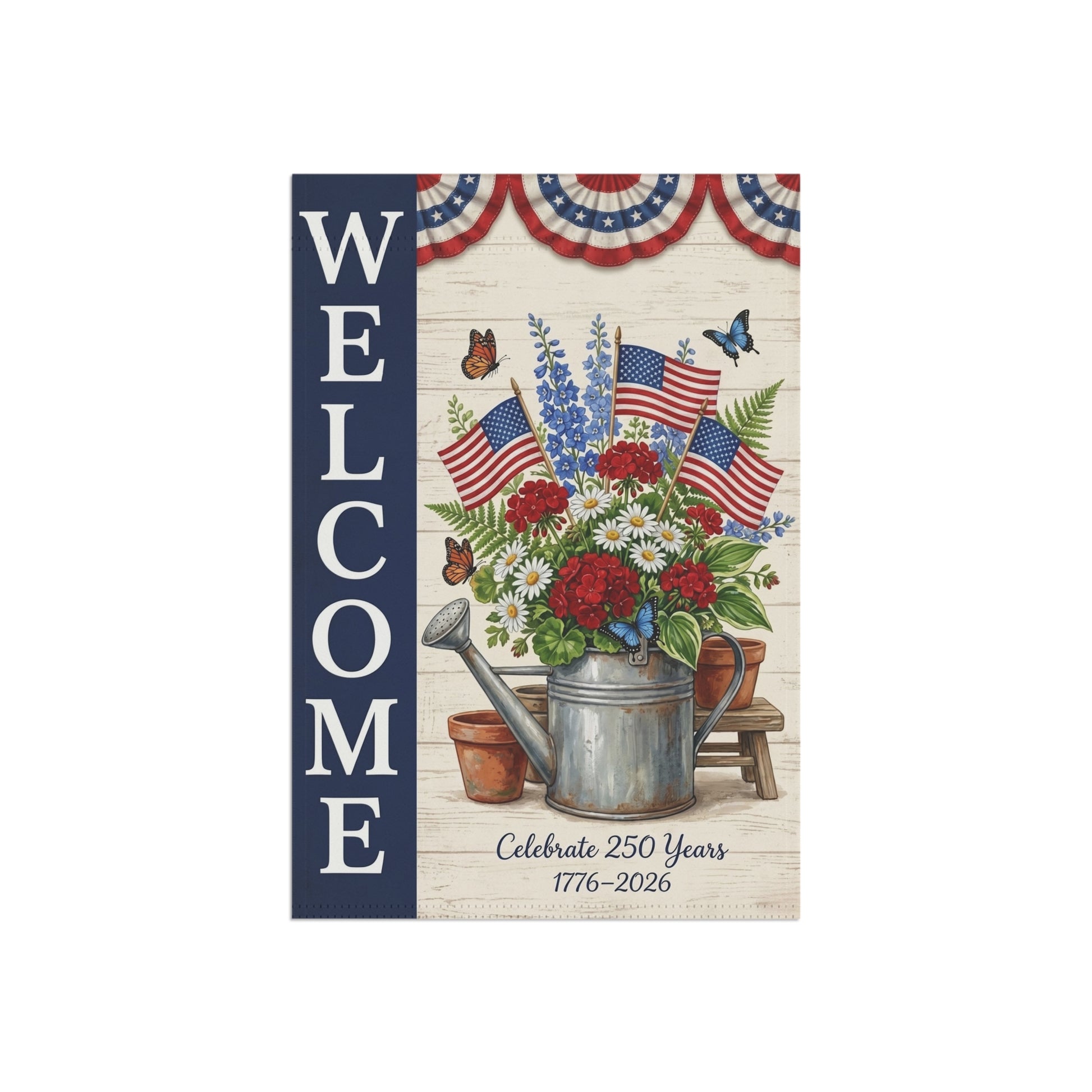 America 250 patriotic garden flag collection with red white and blue porch decor