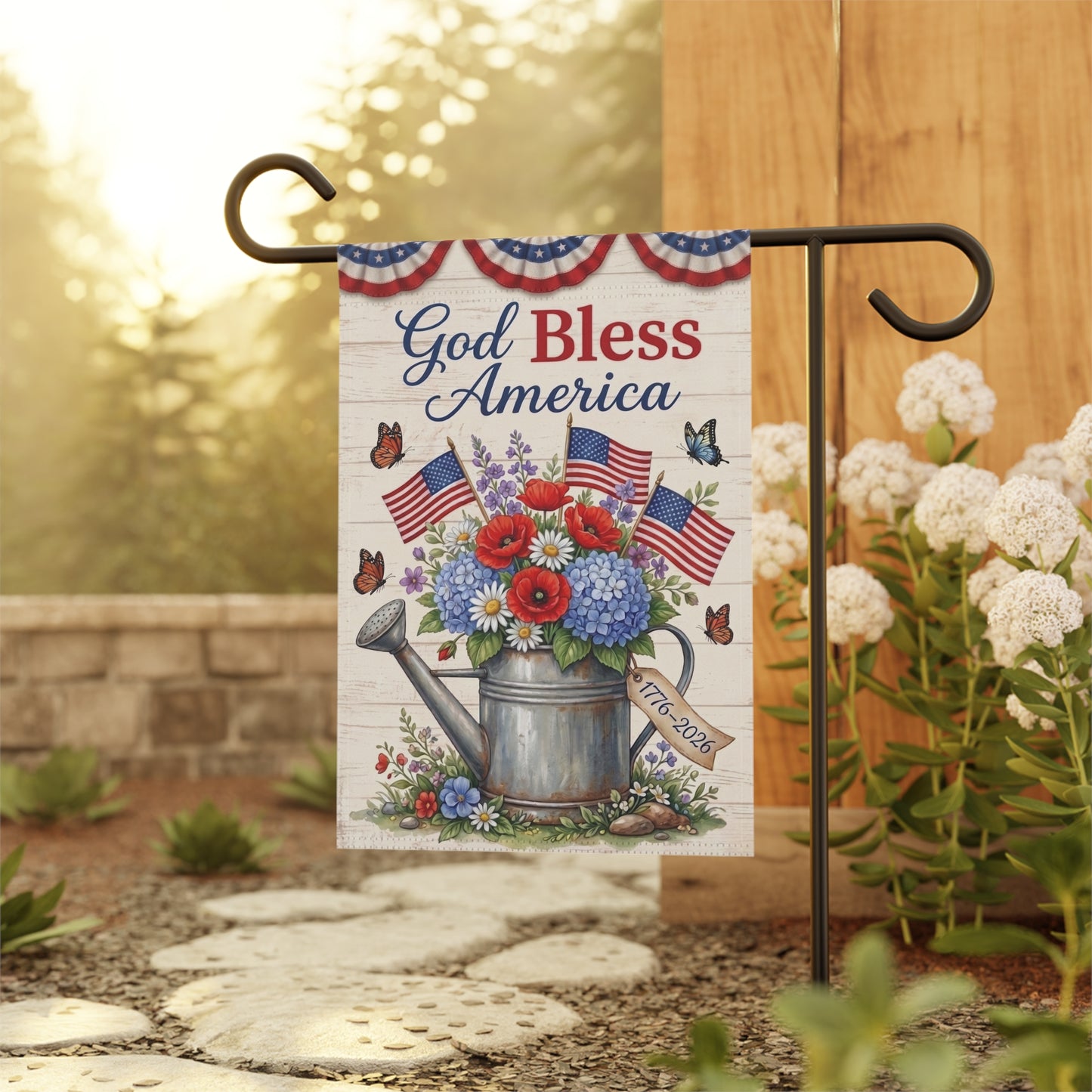 America 250 patriotic garden flag collection with red white and blue porch decor