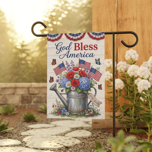 America 250 patriotic garden flag collection with red white and blue porch decor