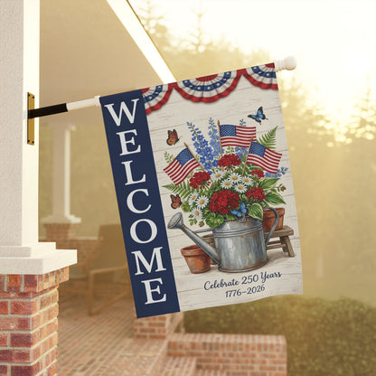 America 250 patriotic garden flag collection with red white and blue porch decor