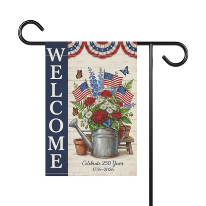 America 250 patriotic garden flag collection with red white and blue porch decor
