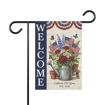 America 250 patriotic garden flag collection with red white and blue porch decor