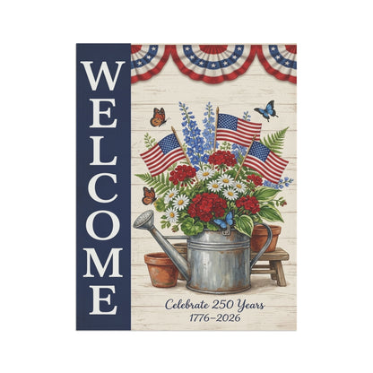 America 250 patriotic garden flag collection with red white and blue porch decor